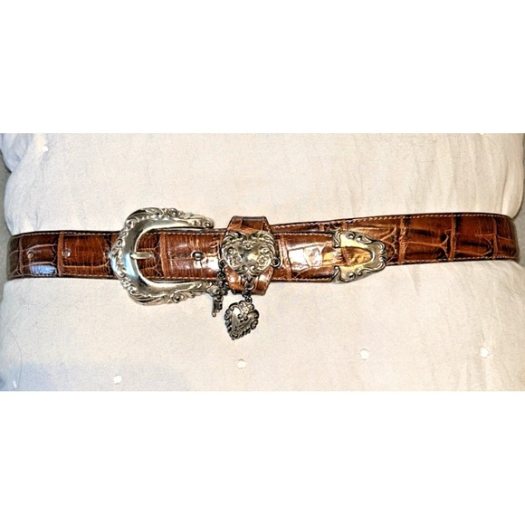 Brighton Accessories - Vtg 90s Brighton Leather Belt Silver Tone Charms Buckle M 42907 Brown Ornate